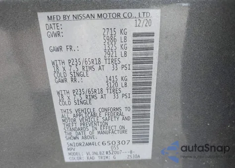 2020 Nissan Pathfinder S 4Wd from USA, damaged, VIN 5N1DR2AM4LC650307